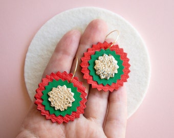 Linzer Cookie Hoop Earrings in Festive Red + Green + Gold Glitter Reclaimed Leather Zigzag Earrings