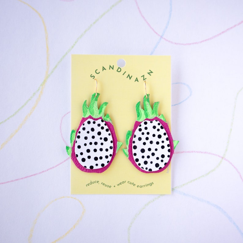 Juicy Dragonfruit Earrings Reclaimed Leather Statement Fruit Earrings image 6
