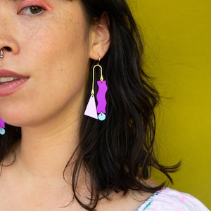 Reclaimed Leather Squiggle Mobile Geometric Earrings in Neon Purple, Rose Blue image 8