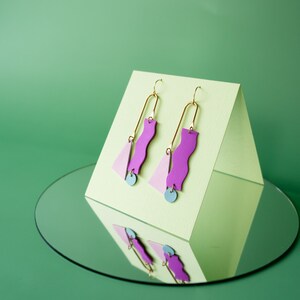 Reclaimed Leather Squiggle Mobile Geometric Earrings in Neon Purple, Rose Blue image 7