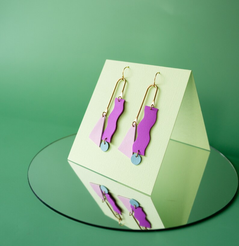 Reclaimed Leather Squiggle Mobile Geometric Earrings in Neon Purple, Rose Blue image 7