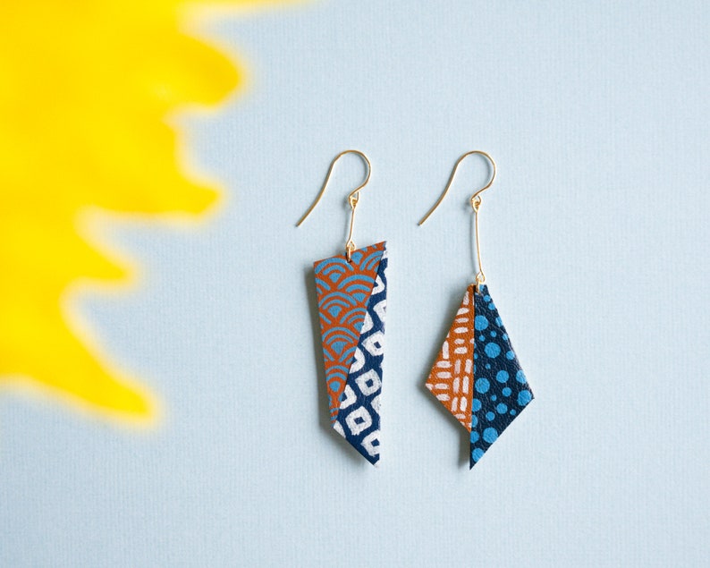 Origami Indigo Asymmetrical Japanese Inspired hand painted leather statement earrings // hitaishou 非対称 image 3