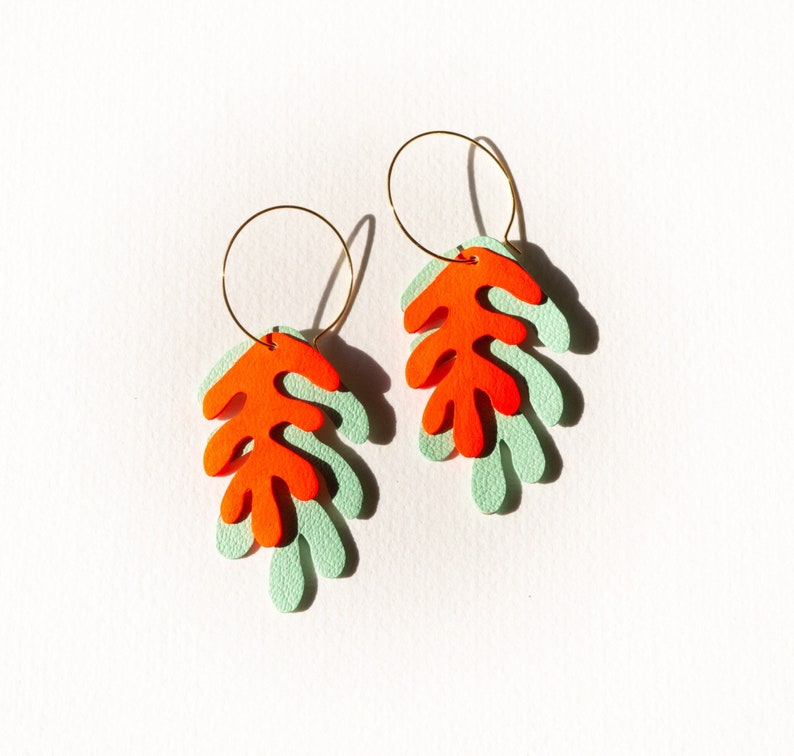 Wakame Seaweed Hoops in Mint Green Neon Orange Reclaimed Leather Statement Hoops image 2