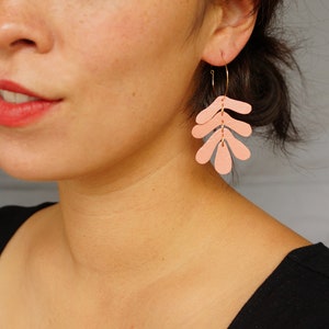 Botanical Leaf Hoop Earrings in Salmon Peach Oak Leaf Leather Statement Earrings on 14K Gold-Plated Hoops or Hooks image 2