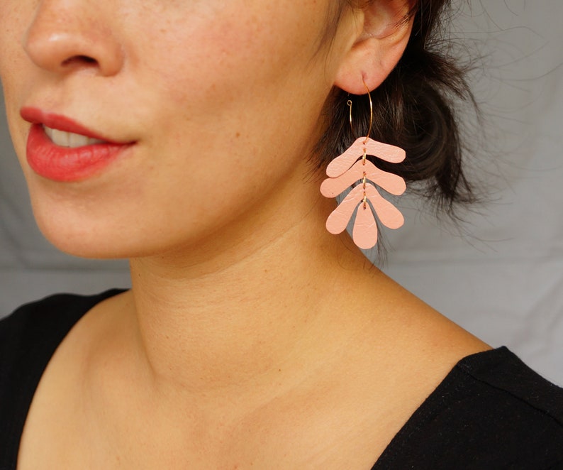 Botanical Leaf Hoop Earrings in Salmon Peach Oak Leaf Leather Statement Earrings on 14K Gold-Plated Hoops or Hooks image 2