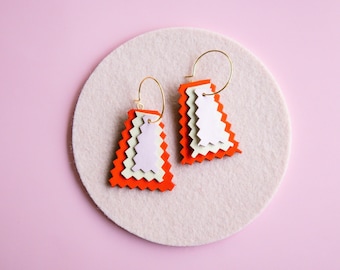 Red + Pink Maltigliati Hoop Earrings - Colourful Reclaimed Leather Zigzag Earrings