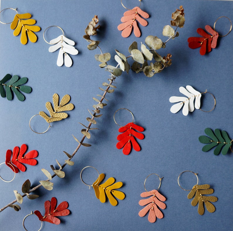 Botanical Leaf Hoop Earrings in Ochre Mustard Yellow Oak Leaf Leather Statement Earrings on 14K Gold-Plated Hoops and Hooks image 3