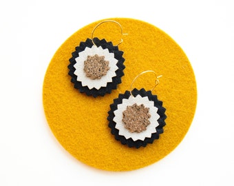 Linzer Cookie Hoop Earrings in Black + Cream + Gold Glitter Reclaimed Leather Zigzag Earrings