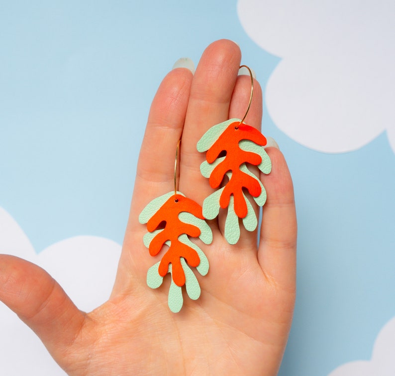 Wakame Seaweed Hoops in Mint Green Neon Orange Reclaimed Leather Statement Hoops image 4