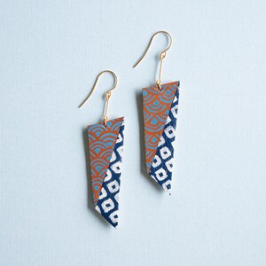 Origami Indigo Asymmetrical Japanese Inspired hand painted leather statement earrings // hitaishou 非対称 image 4