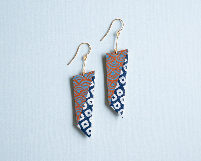 Origami Indigo Asymmetrical Japanese Inspired hand painted leather statement earrings // hitaishou 非対称 image 4