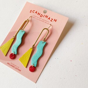 Asymmetrical Squiggle Mobile Earrings Colourful Red & Blue Statement Leather earrings with Geometric Shapes image 8