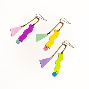 Reclaimed Leather Squiggle Mobile Geometric Earrings in Neon Purple, Rose Blue image 9
