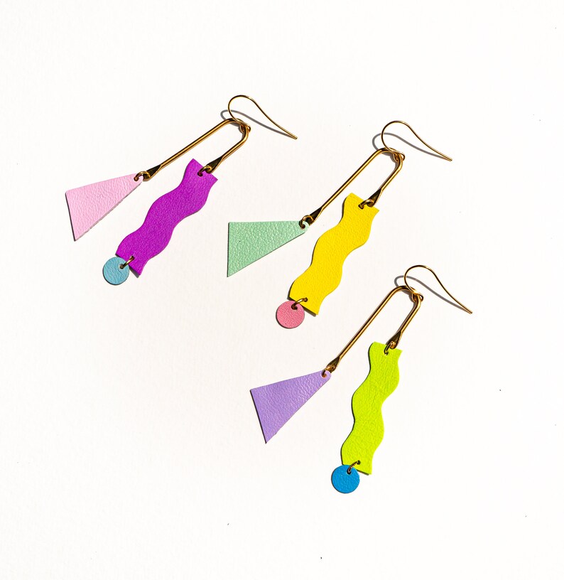 Reclaimed Leather Squiggle Mobile Geometric Earrings in Neon Purple, Rose Blue image 9