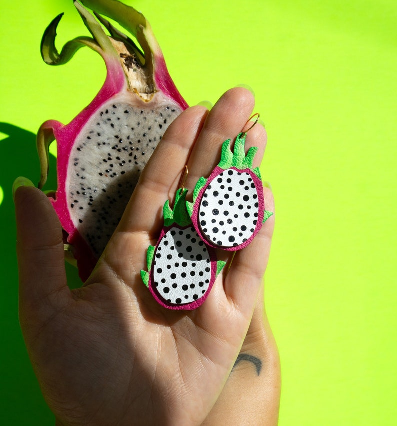 Juicy Dragonfruit Earrings Reclaimed Leather Statement Fruit Earrings image 1