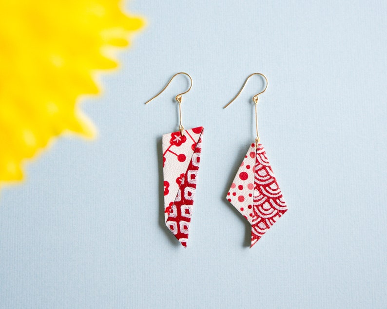 Origami Earrings in Red + White - Made from reclaimed leather #scandinazn