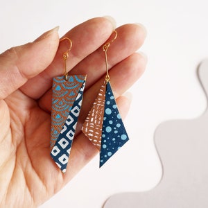 Origami Indigo Asymmetrical Japanese Inspired hand painted leather statement earrings // hitaishou 非対称 image 6