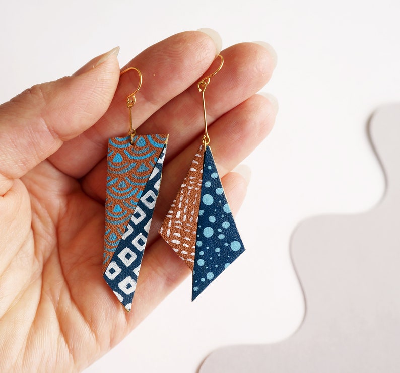 Origami Indigo Asymmetrical Japanese Inspired hand painted leather statement earrings // hitaishou 非対称 image 6