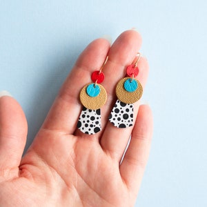 Layered Circles Spotted Leather Statement Earrings Hand Painted on Reclaimed Leather in Gold, Red and Blue image 3