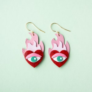 Hearts on Fire Flaming Heart Evil Eye Statement Earrings in Red / Pink image 5