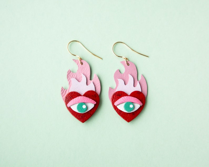 Hearts on Fire Flaming Heart Evil Eye Statement Earrings in Red / Pink image 5