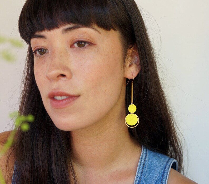 Orbit Earrings Yellow Leather Statement earrings Layered Etsy