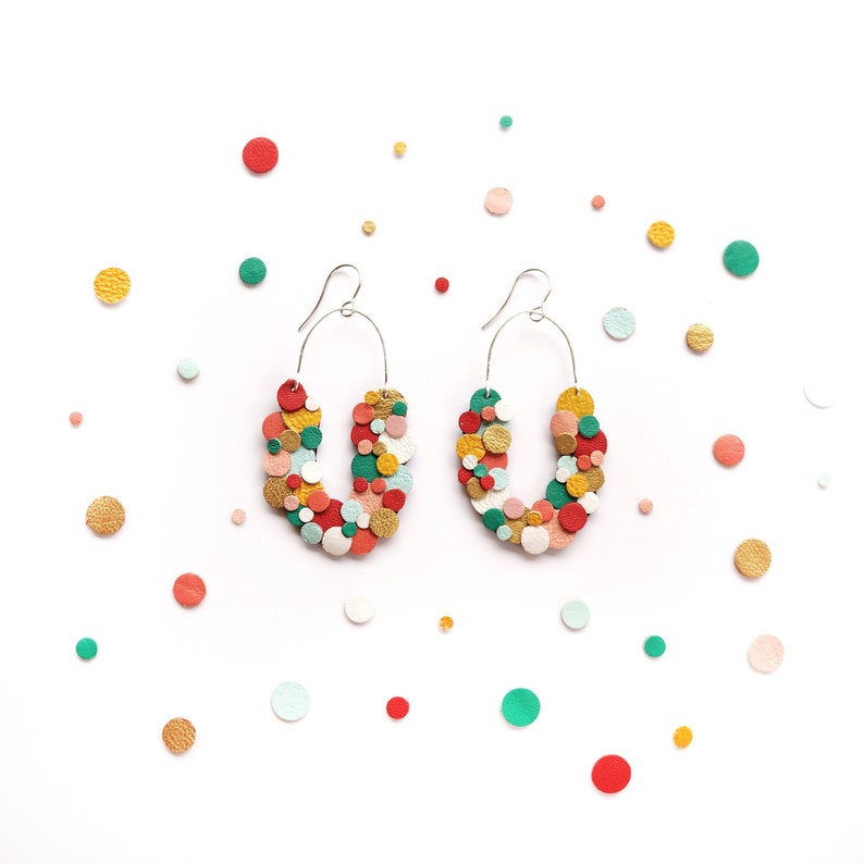 Rainbow Confetti Leather Statement Horseshoe Scoop Maximalist Earrings Lightweight Reclaimed Leather image 1