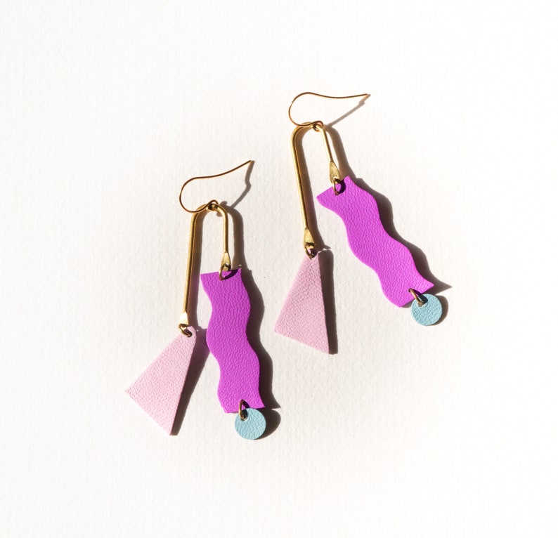 Reclaimed Leather Squiggle Mobile Geometric Earrings in Neon Purple, Rose Blue image 6