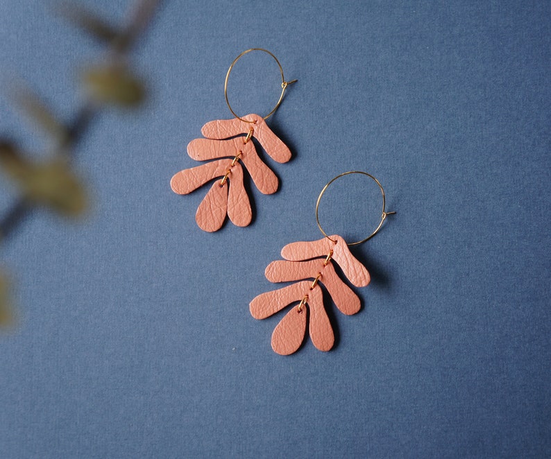 Botanical Leaf Hoop Earrings in Salmon Peach Oak Leaf Leather Statement Earrings on 14K Gold-Plated Hoops or Hooks image 1