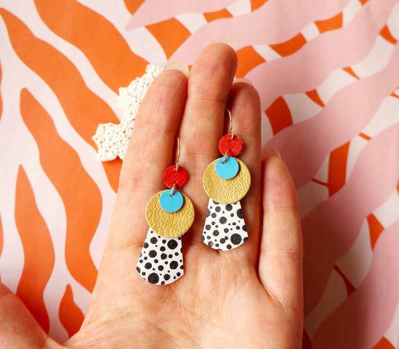 Layered Circles Spotted Leather Statement Earrings Hand Painted on Reclaimed Leather in Gold, Red and Blue image 5