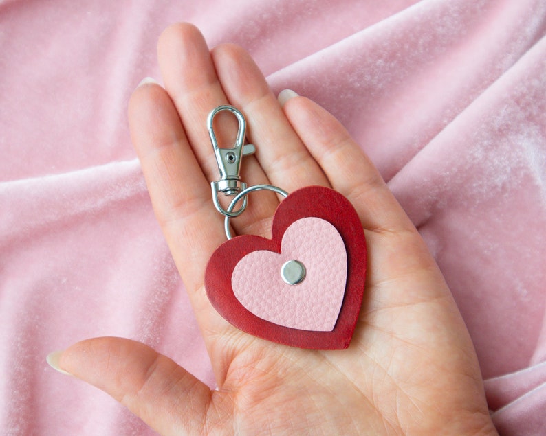 Heart Keychain in Red / Pink Made from Reclaimed Leather image 4