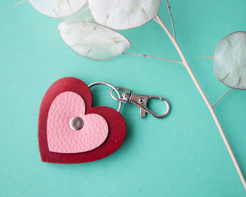 Heart Keychain in Red / Pink Made from Reclaimed Leather image 2