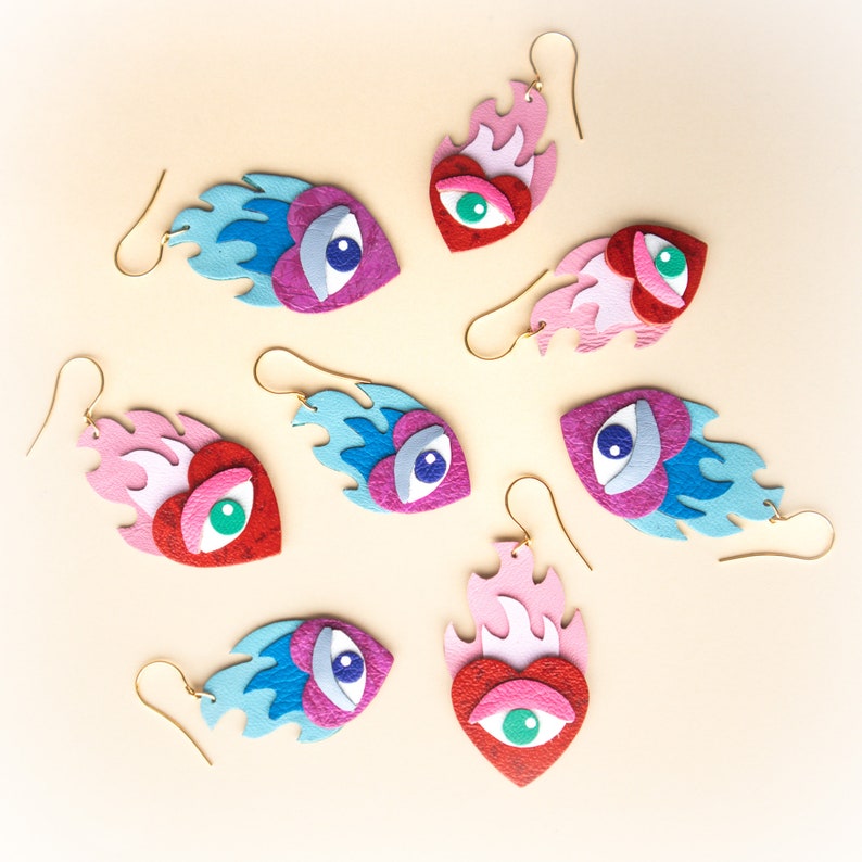 Flaming Heart Earrings w/ Evil Eyes. Made from repurposed leather