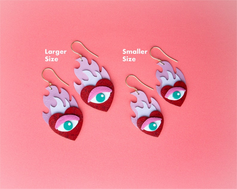 Hearts on Fire Flaming Heart Evil Eye Statement Earrings in Red / Pink image 8