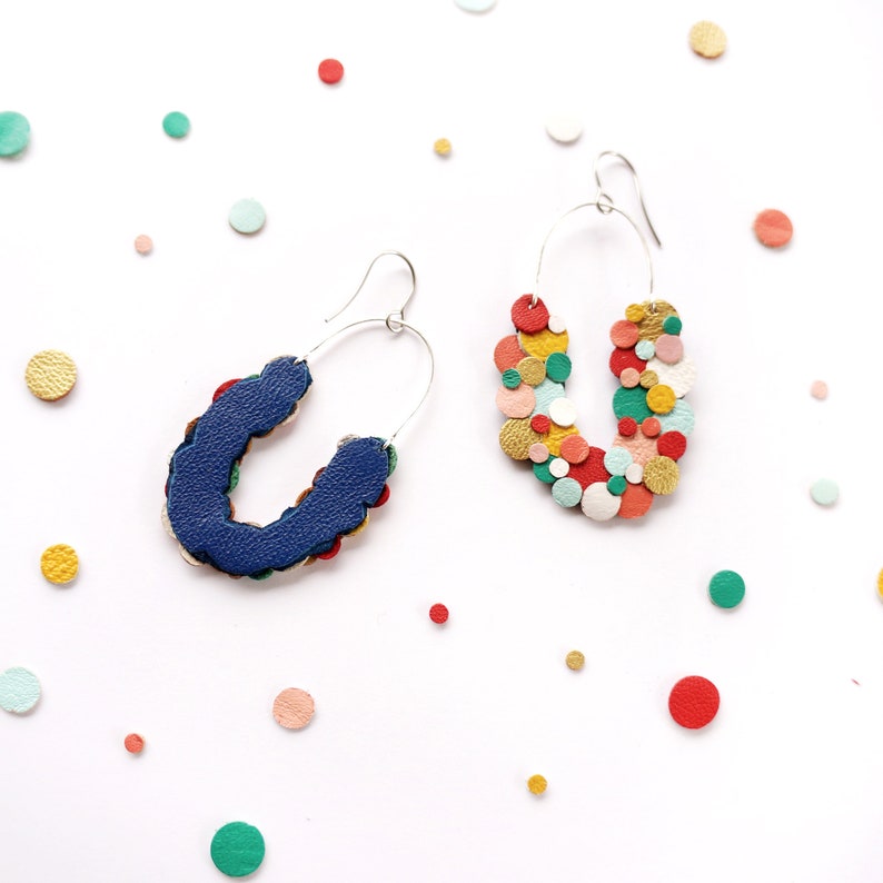 Rainbow Confetti Leather Statement Horseshoe Scoop Maximalist Earrings Lightweight Reclaimed Leather image 6