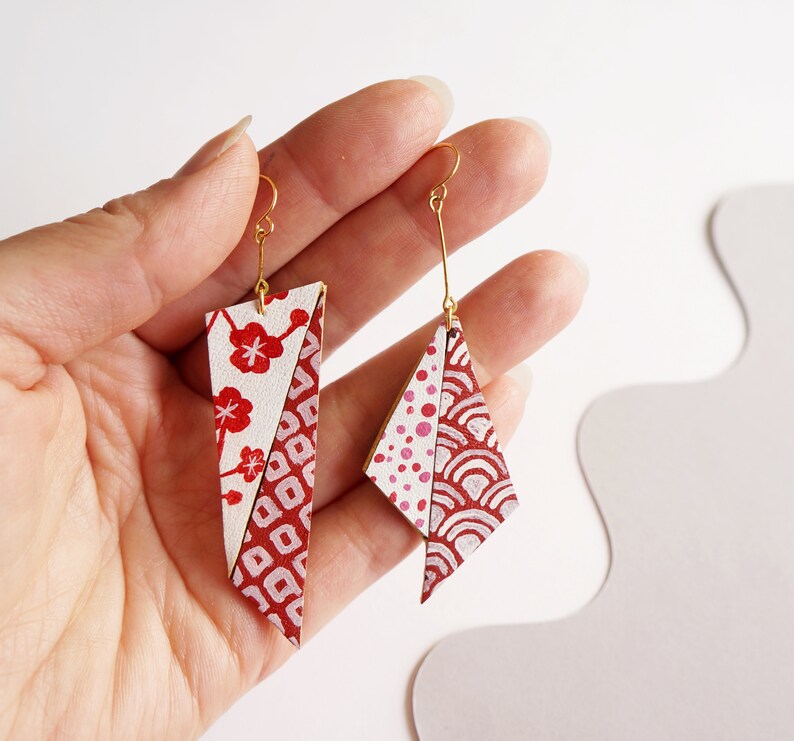 Origami Earrings in Red + White - Made from reclaimed leather #scandinazn