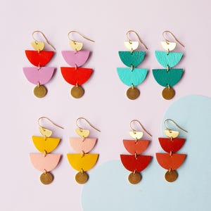 Tiered Asymmetrical Halfmoon Earrings - Made w/ Reclaimed Leather + Brass Pieces