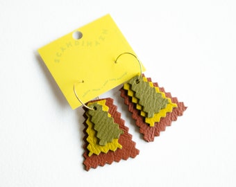 Terracotta + Olive Maltigliati Hoop Earrings - Layered Reclaimed Leather Zigzag Earrings