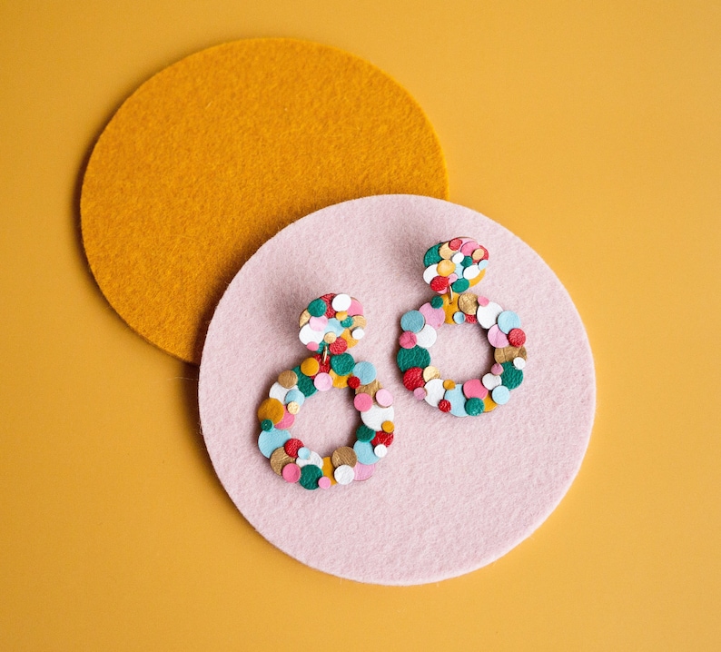 Rainbow Confetti Circle Earrings Clip on / Pierced Ear Options Colourful Reclaimed Leather Statement Earrings image 2