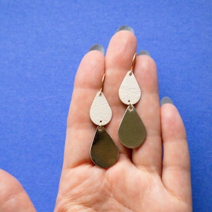 Double Tiered Leather Droplet Earrings - Cream + Gold