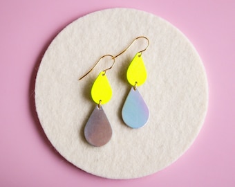 Double Tiered Leather Droplet Earrings - Neon Yellow + Iridescent Silver