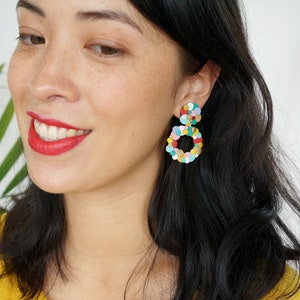 Rainbow Confetti Circle Earrings Clip on / Pierced Ear Options Colourful Reclaimed Leather Statement Earrings image 3