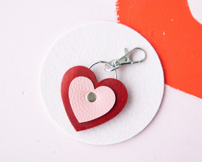 Heart Keychain in Red / Pink Made from Reclaimed Leather image 5