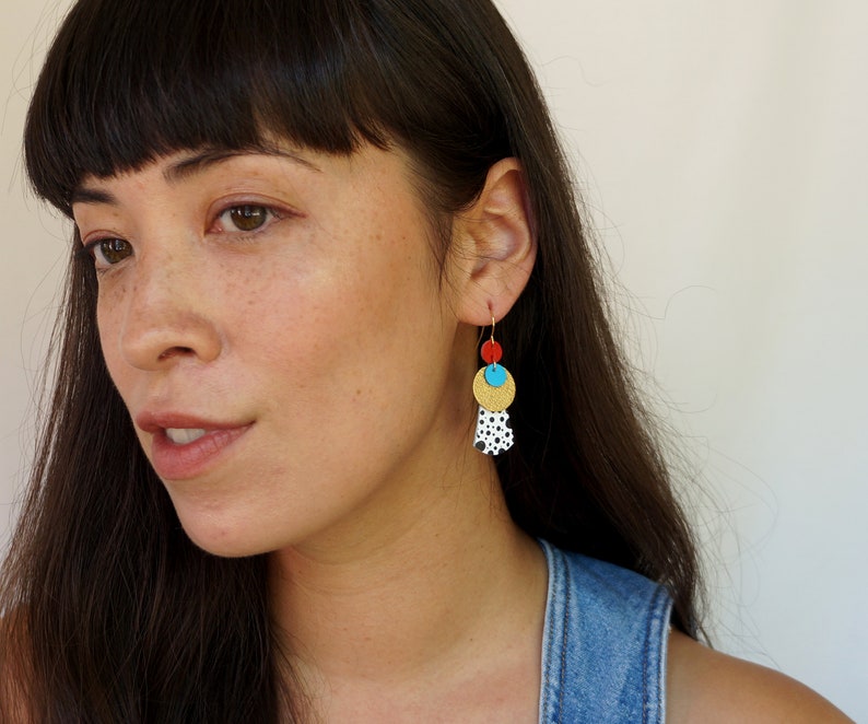 Layered Circles Spotted Leather Statement Earrings Hand Painted on Reclaimed Leather in Gold, Red and Blue image 2