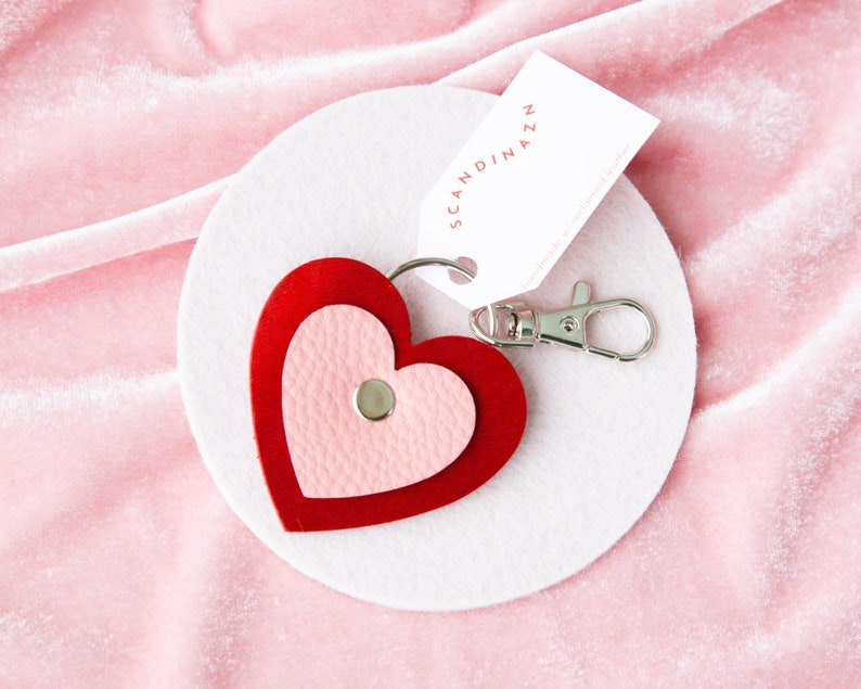 Pink and Red Heart Keychain, Handmade with Repurposed Leather
