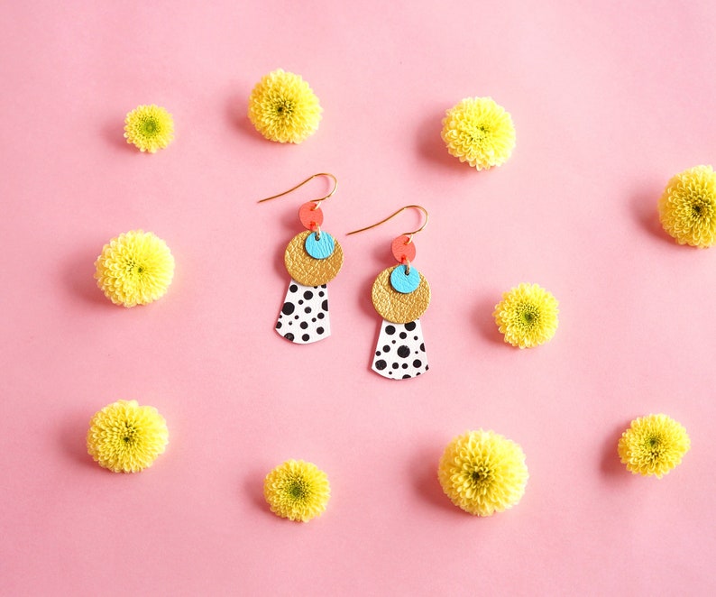 Layered Circles Spotted Leather Statement Earrings Hand Painted on Reclaimed Leather in Gold, Red and Blue image 4