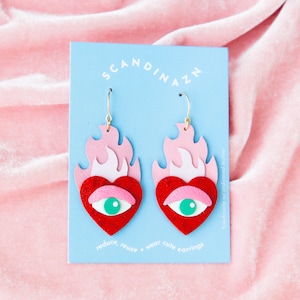Hearts on Fire Flaming Heart Evil Eye Statement Earrings in Red / Pink image 3