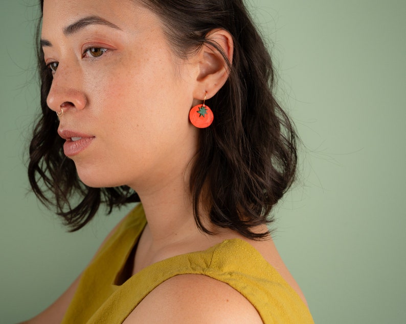 Small Red Tomato Earrings Lightweight & Made from Reclaimed Leather image 2