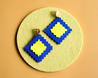 Ravioli Earrings in Blue + Neon Yellow - Geometric Upcycled Leather Square Earrings