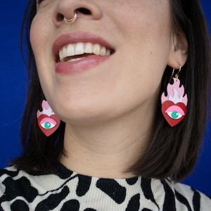 Hearts on Fire Flaming Heart Evil Eye Statement Earrings in Red / Pink image 2